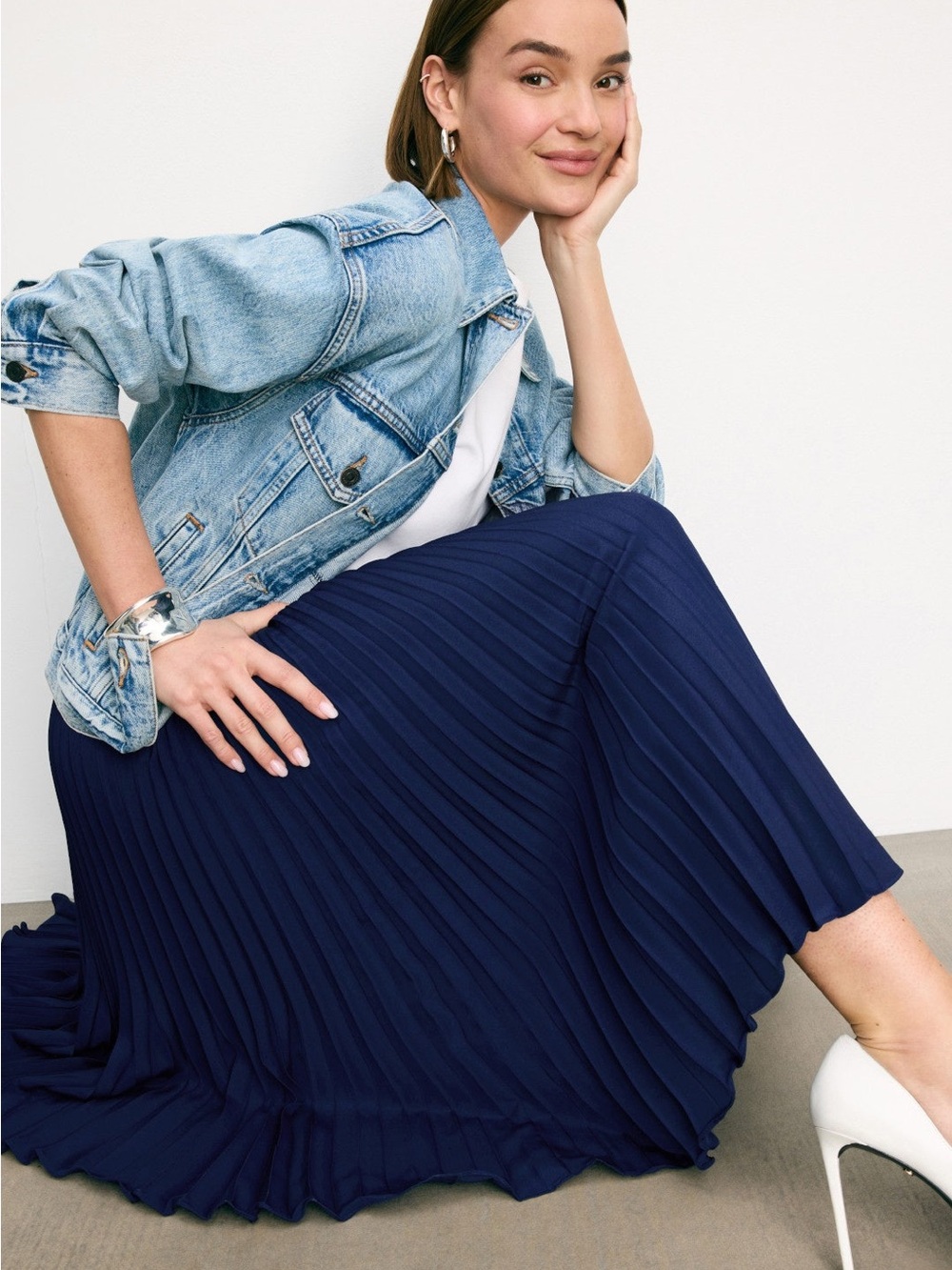 Ralph Lauren Sunburst-pleated Cotton Navy Midi Skirt NWT